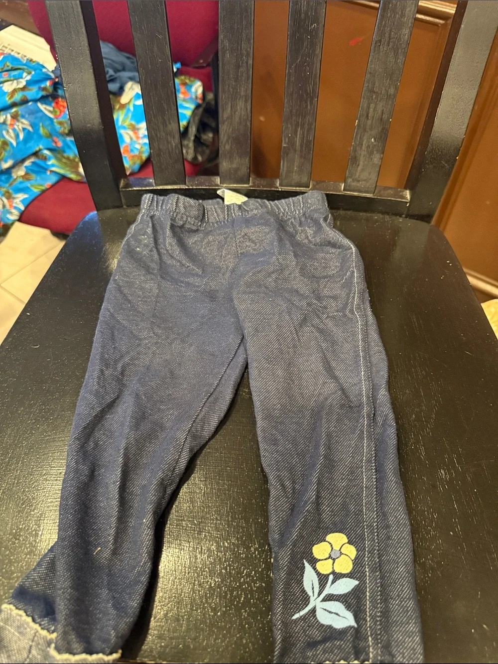Girls Navy Floral Embroidered Knit Leggings